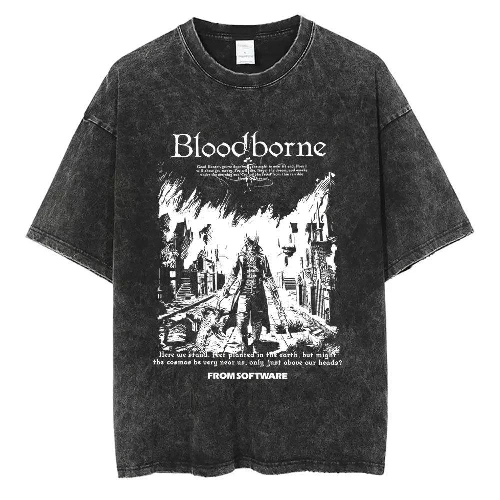 Fit Summer Bloodborne Game Peripheral Printed Washed Distressed Shortsleeved Tshirts For Unisex And Unisex Retro And Loose