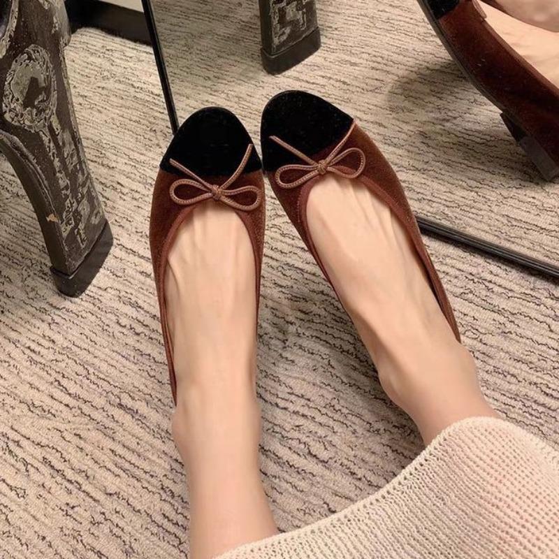 Fashion Flat Shoes for Women 2025 Spring and Autumn Round Toe Color Blocked Butterfly Bow Velvet Light Mouth Fashionable Single Shoe