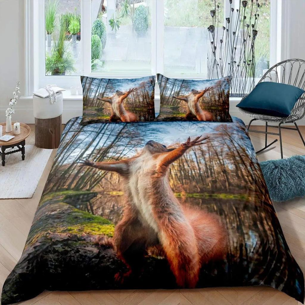 Cute Squirrel Duvet Set 3D Animal Theme Bedding Set Three-Piece Set