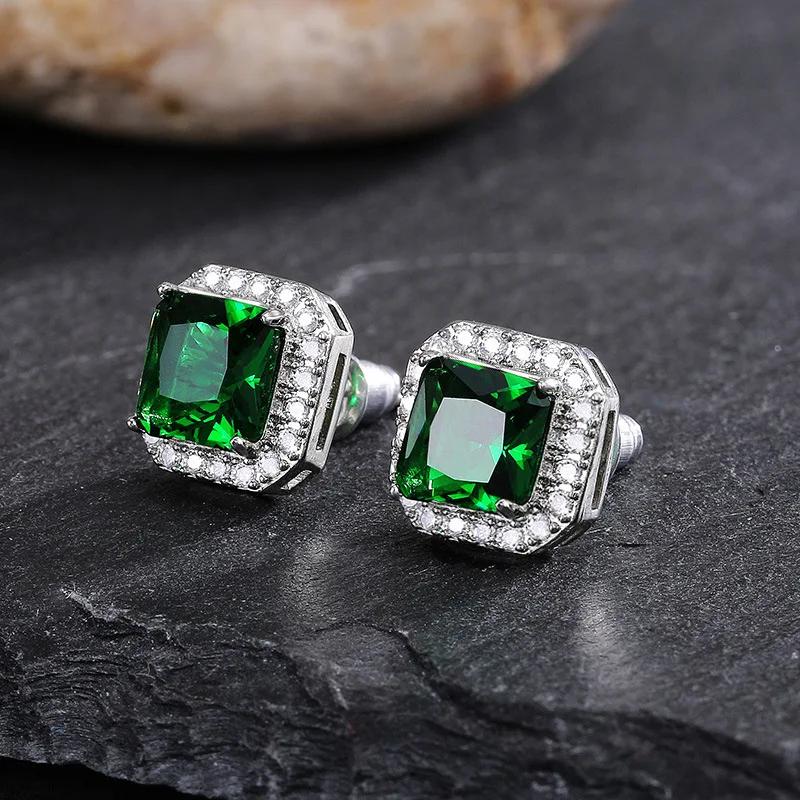 

Cute Square Female Emerald Crystal Green Earrings Fashion Sterling Silver Wedding Earrings Double Stud Earrings for Women