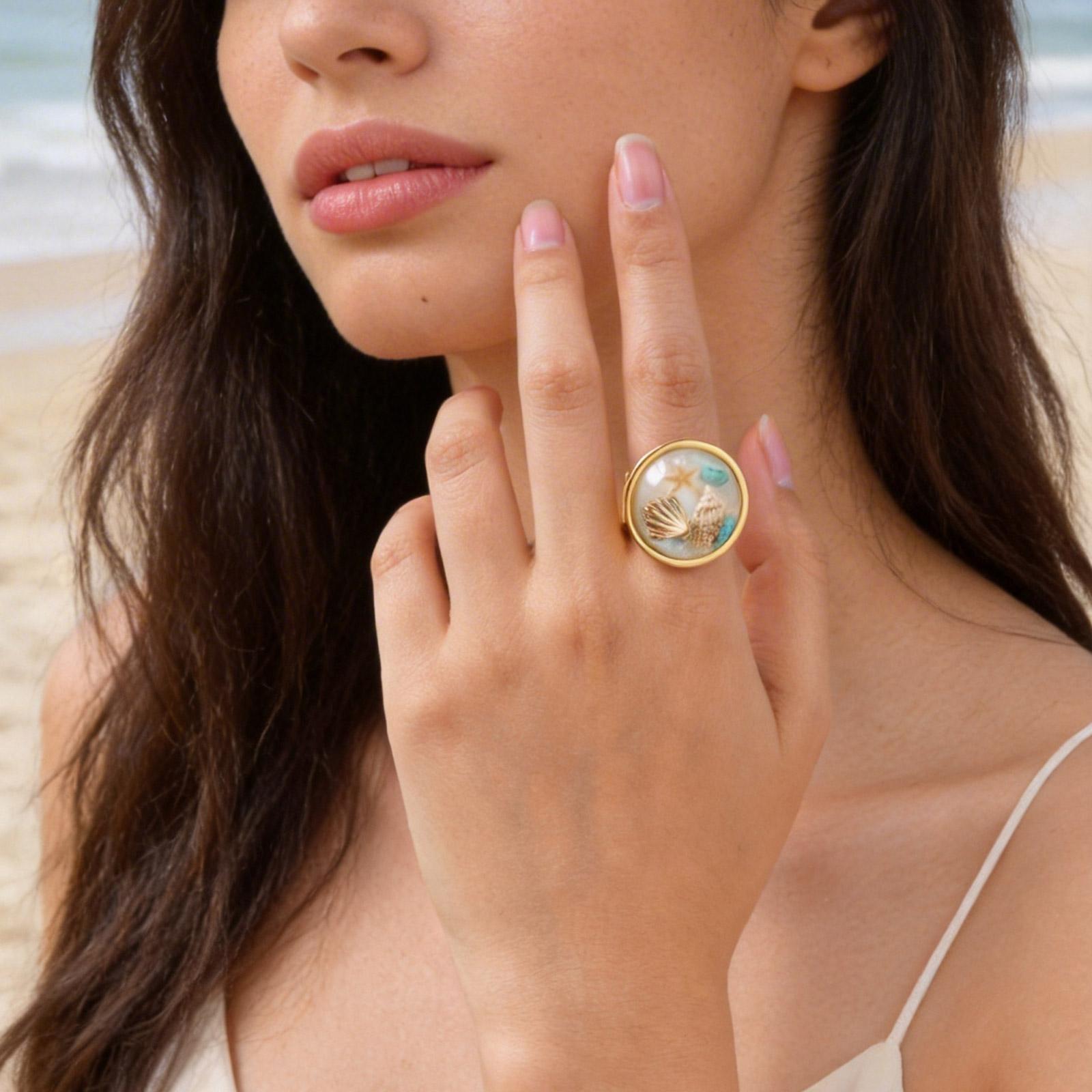 

Vnox Stainless Steel Round Pink Resin Ocean-themed Open Ring for Women, Gold Plated Conch Starfish Shell Marine Style Jewelry