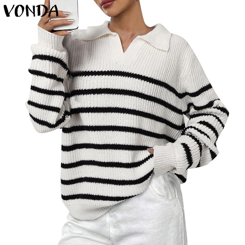 VONDA Winter Women Sweaters Lapel Striped Long Sleeve Pullovers Jumpers