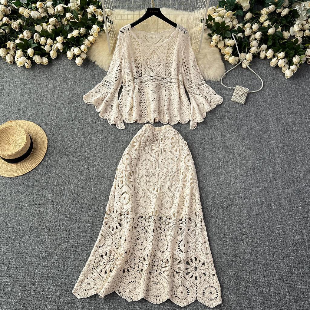 Nouveau 2026 Ensemble Jupe Femmes Tricot Plage Manches Courtes Dentelle Creux Sexy Col Rond Creux Style Été Hauts T-shirts Ample Basique