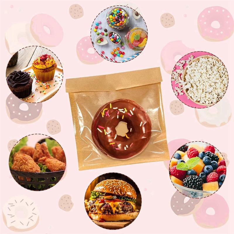 100Pcs Heat Seal Bakery Bags, Grease Proof Kraft Paper Biscuit Packaging Cake Bags For Packaging Donut Dough Baked Goods-B61B