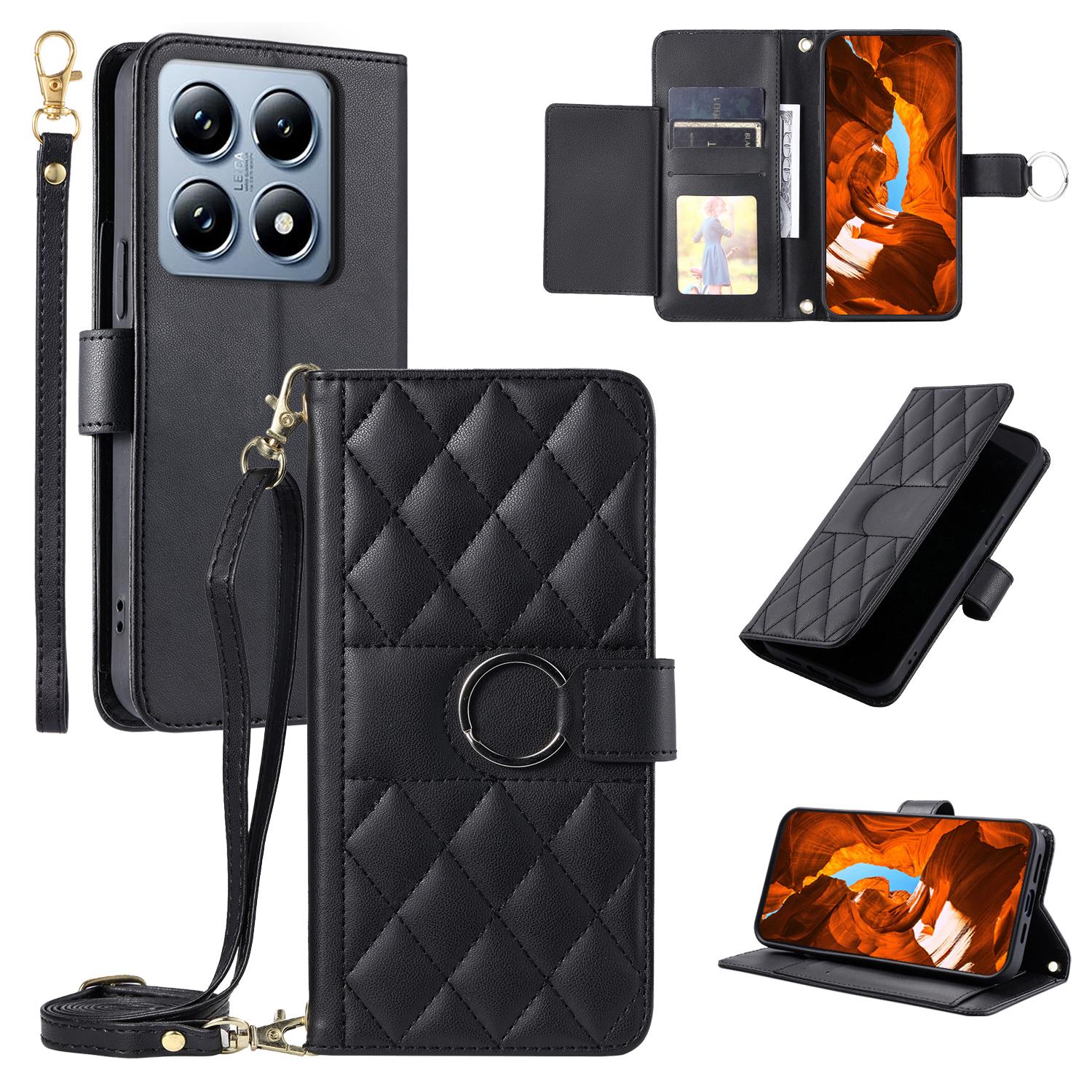 

For Xiaomi 14T Crossbody Leather Case Ring Buckle Wallet Stand Rhombus Mobile Cover Black