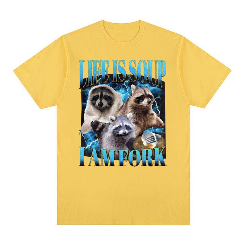 Funny Raccoon Print Tshirt Life Is Soup I Am Fork Absurd Meme T Shirt Vintage Graphic Tee Trash Panda Tshirt Unisex Tops S