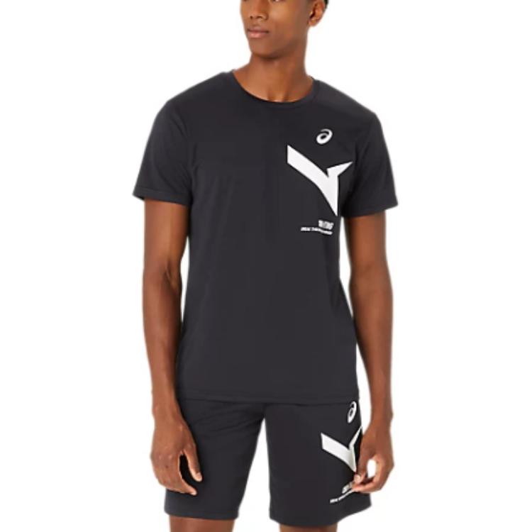 Asics Spliced Slim Fit Round Neck Printed Short Sleeve T-Shirt Unisex Tops Black 2031E555-001