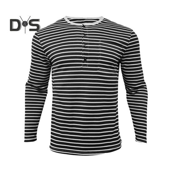 Fall Spring Men Top V Neck Striped Print Color Matching Long Sleeves Pullover Mid Length Casual Daily Wear Work Shirt
