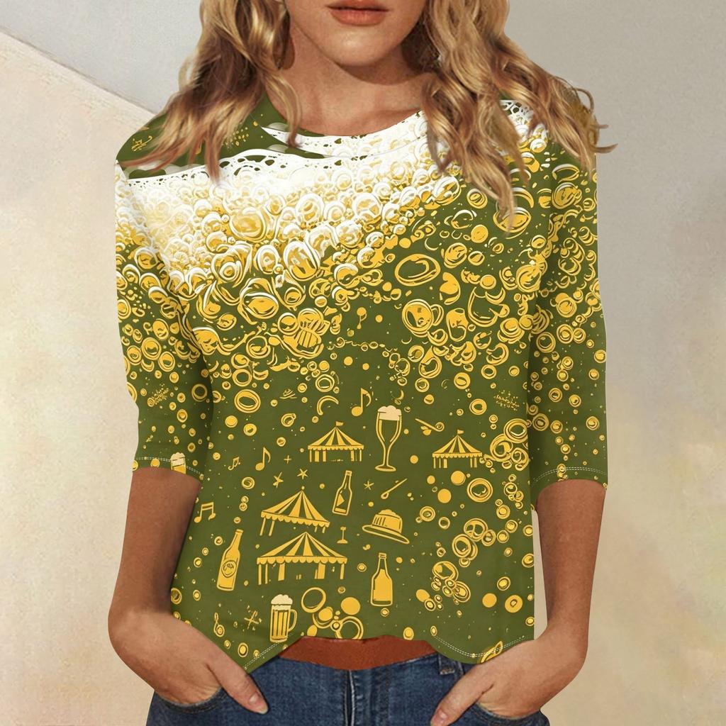 Women's Casual Three Quarter Sleeve Round Neck Top Oktoberfest Beer Print Lightweight Comfortable Fit Pullover Shirt