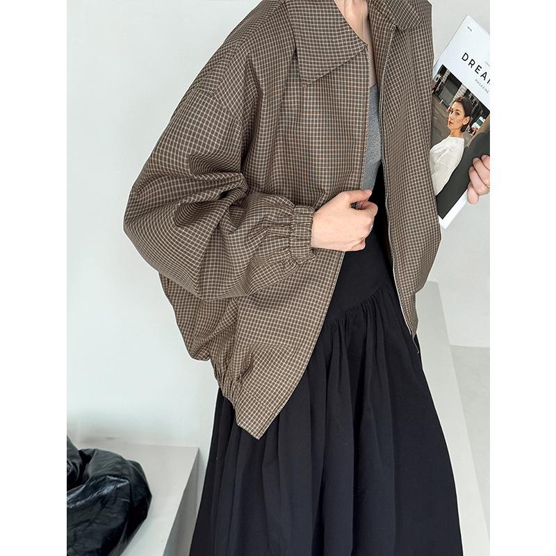 Orange Zhi Retro Houndstooth Lapel Short Coat - Versatile Autumn Style