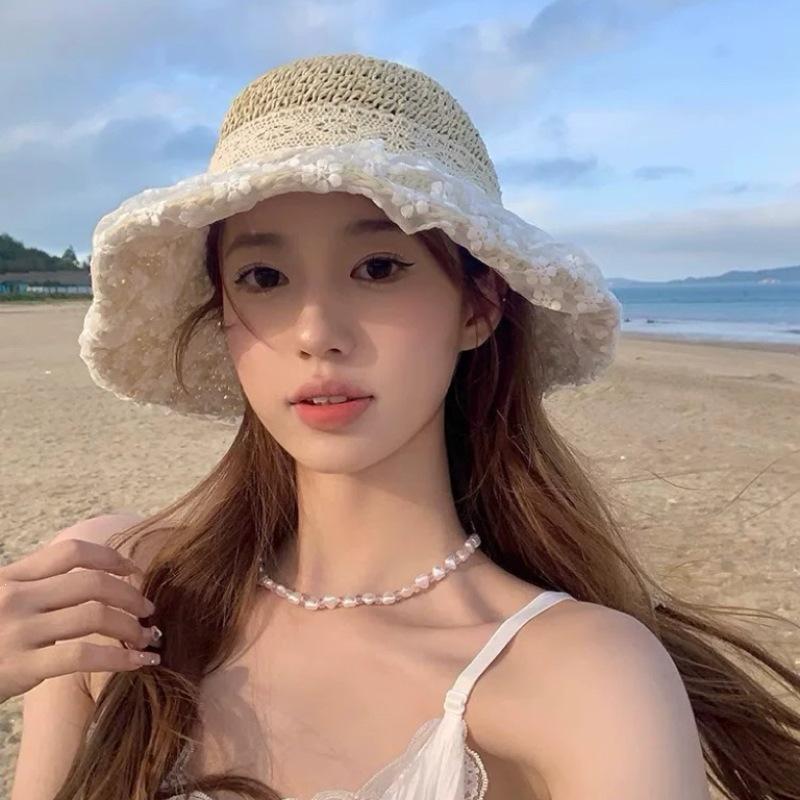 New Small Fresh Lace Straw Hat Sunshade, Summer Sunscreen Travel Big Brim Bucket Hat Hollow