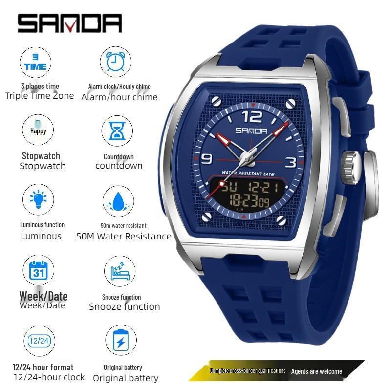 Sanda Dual Display Multifunctional Waterproof Luminous Men's Wristwatch
