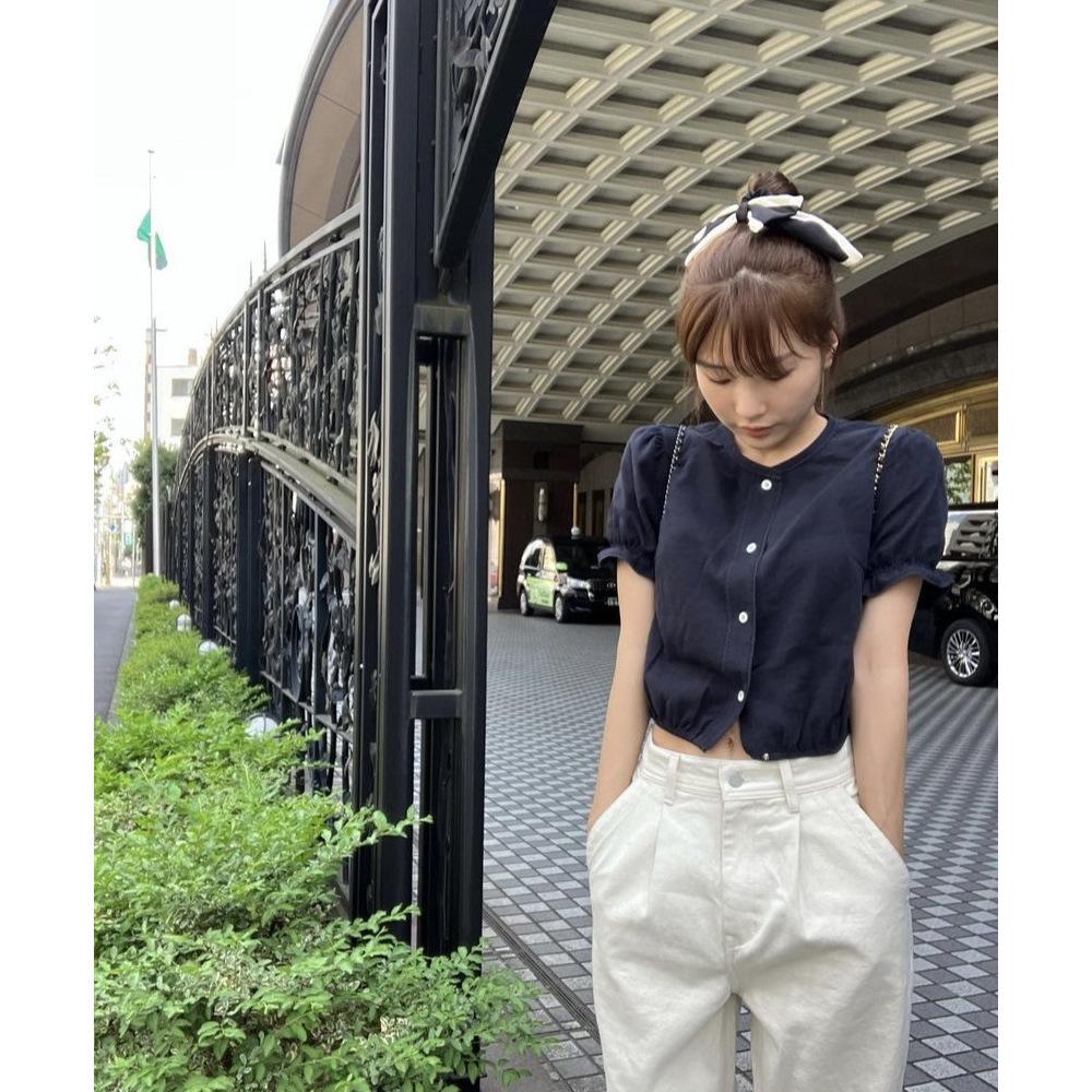 

2024 Summer Round Neck Lace Puff Sleeve Button-Up Blouse Small