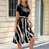 Women's Fashion Round Neck Splicing Printed Short Sleeve Hem Loose Dresses