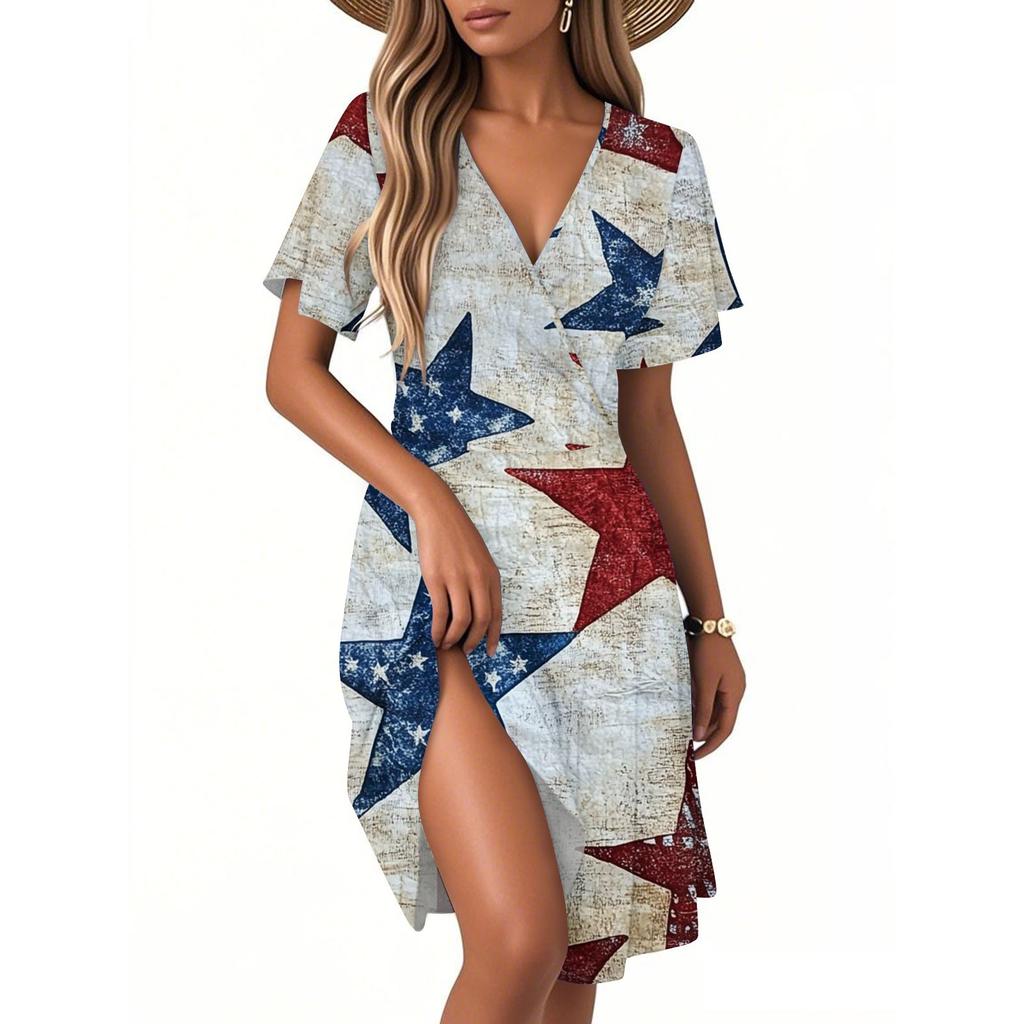 Kvinners Casual Mote Kjole Vintage Blomstermønstret Blomster Kort Erm V-hals Kjole