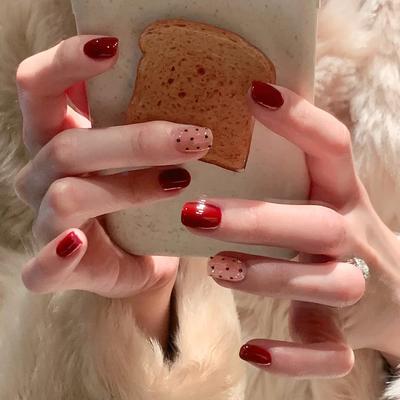 24 Pieces Suitable for Red Polka Dot Naked Pink Bow Korean Small Fresh 24 Pieces Wearable Nails