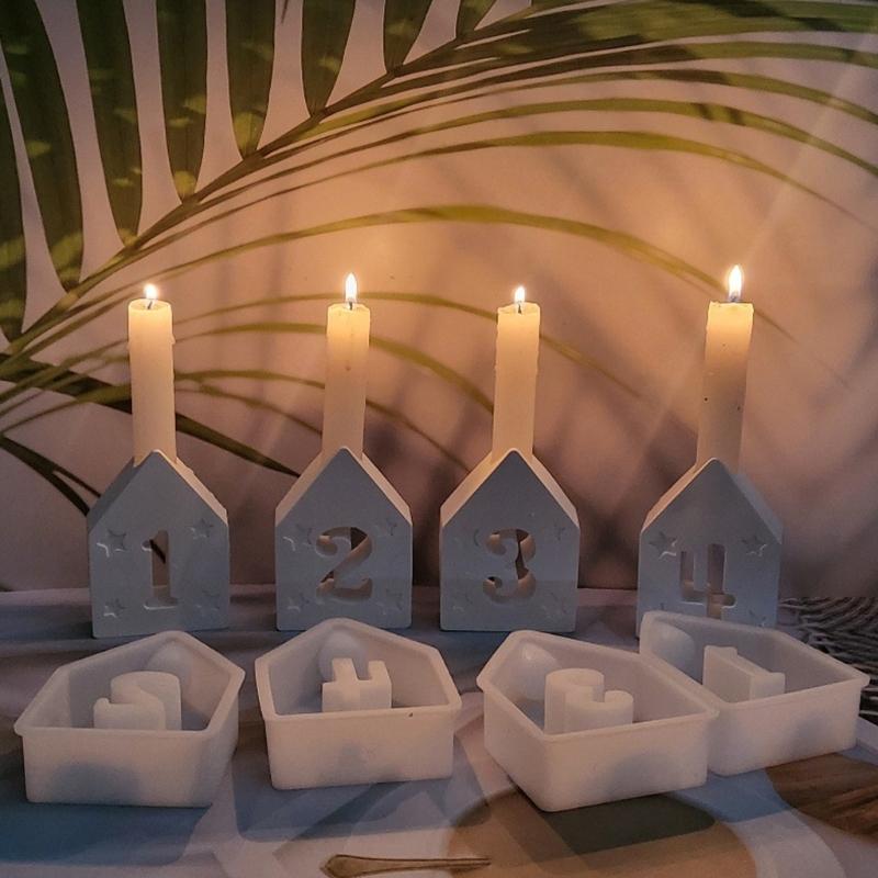 4Pcs Numbered House Candlestick Molds for Candle Holder Plaster Decoration Christmas Decoration, Epoxy Resin Molds