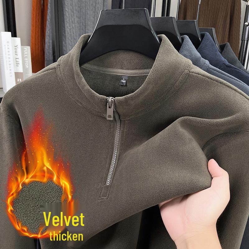 

Men s Autumn/Winter Sherpa Hoodie: 600g Double-Sided, Stand Collar, Half-Zip, Fleece-Lined, Thickened Warm Base Layer. Small зелений