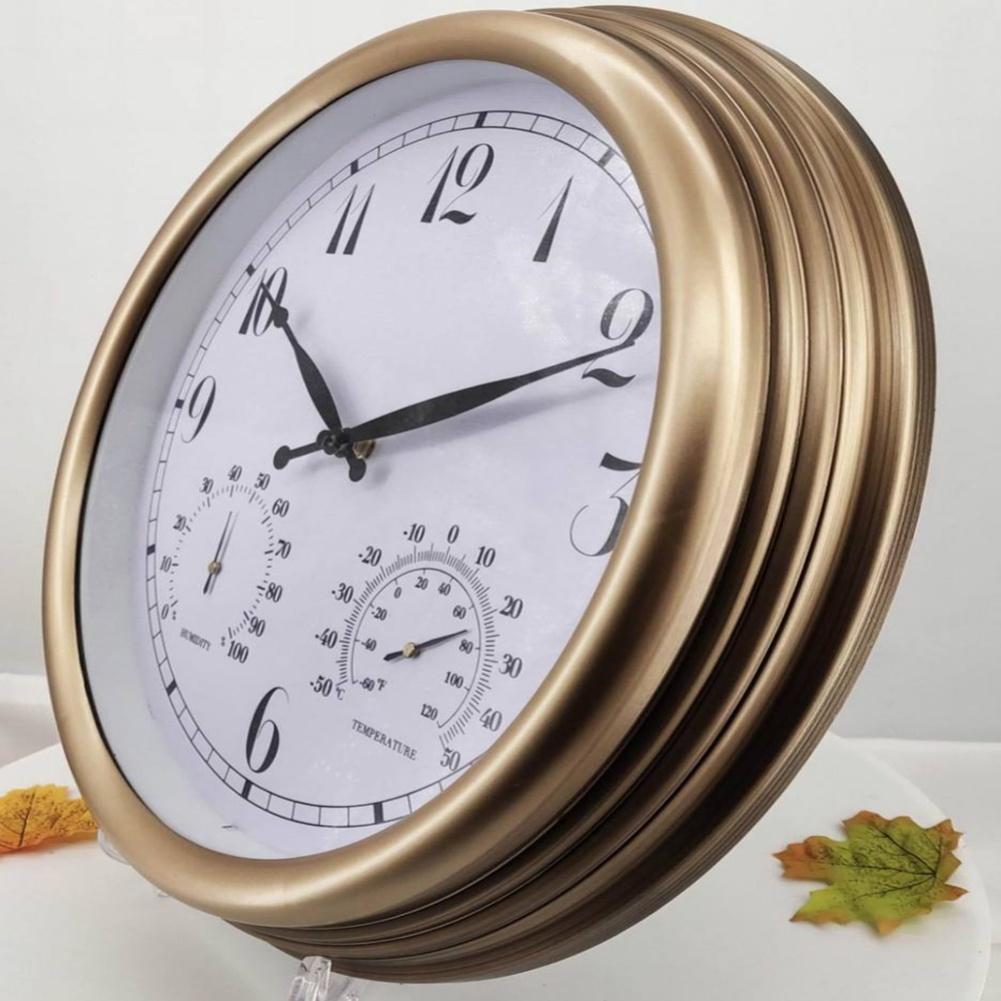 15 Inch Wall Clock Battery Operated Silent Non Ticking with Temperature Humidity Meter Suitable for Indoor Outdoor Use