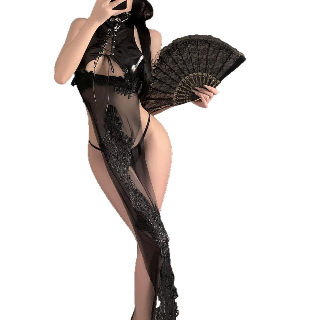 Patent Leather Perspective Backless Sexy Underwear Sexy Antique Straps Imperial Sister Cheongsam Cosplay Uniform Woman