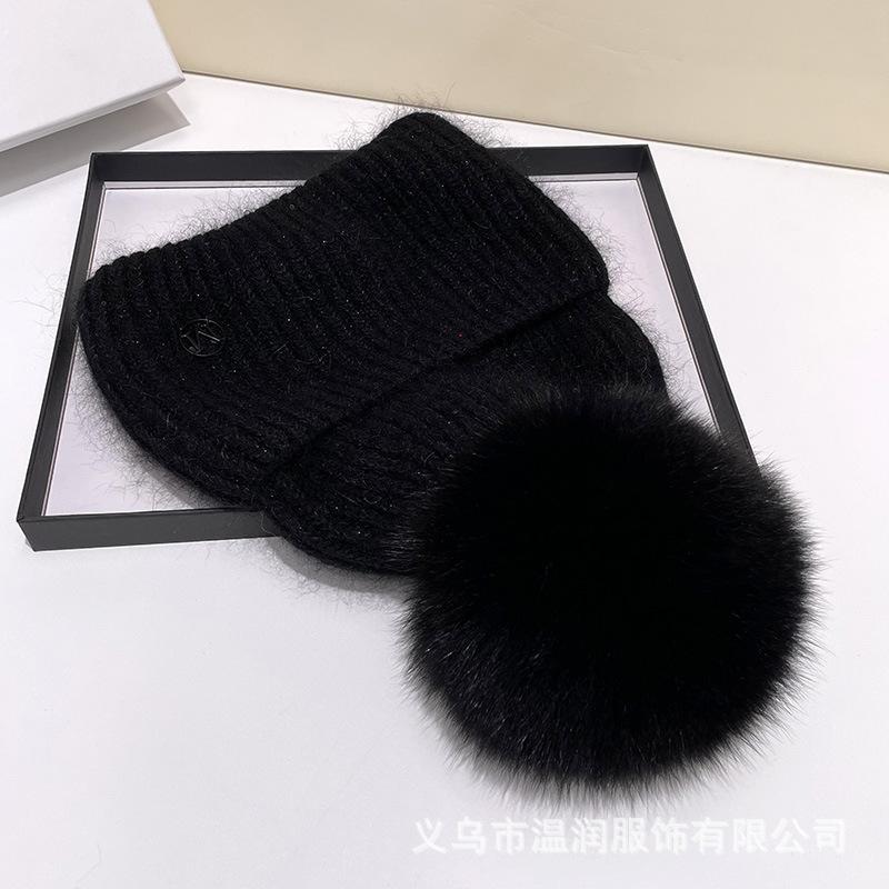 Bestseller M Logo Beanie Hat Women Winter Warm Faux Fox Fur Pom Knit Wooly Cap Slouchy Pull-On