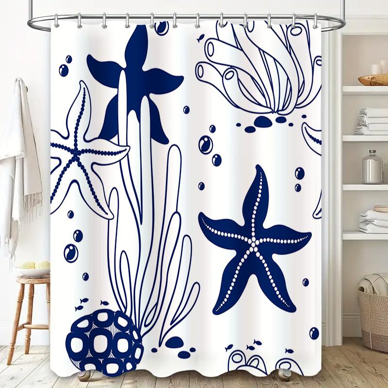 Blue Marine Life Shower Curtain With Starfish Design For Bathroom Decoration White Blue 72 X 84 Inches |