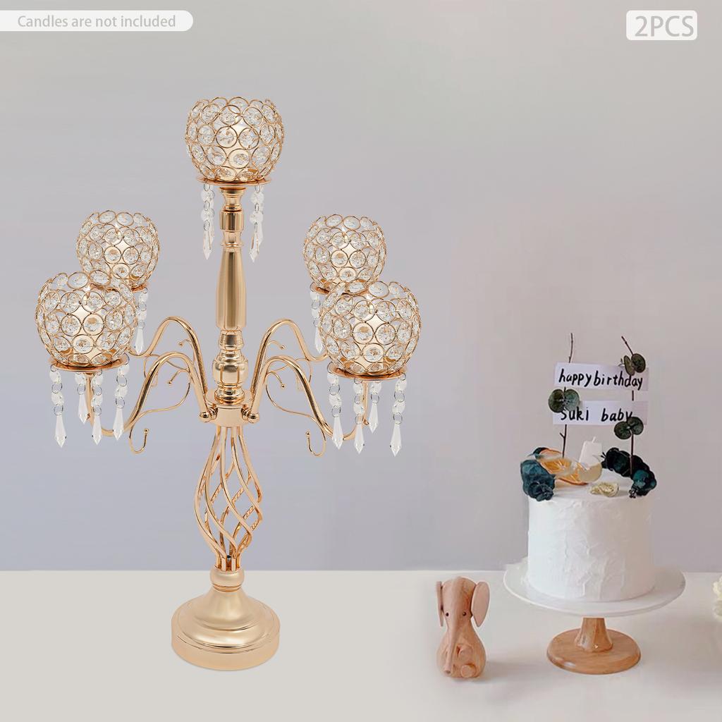 Elegant 5-Arm Crystal Candelabra Set, 26-Inch Gold Table Centerpiece, 2-Pack Luxury Candle Holders, Fits 2.36In Diameter Candles