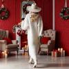 Elegant V-neck Long Sleeve Plush Long Dress Fashion Button Decorated Loose White Dress Autumn Winter Lady Sexy Split Party