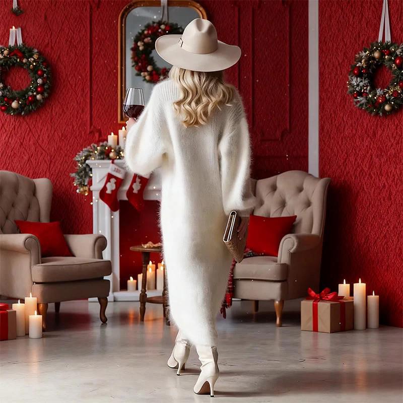 Elegant V-neck Long Sleeve Plush Long Dress Fashion Button Decorated Loose White Dress Autumn Winter Lady Sexy Split Party