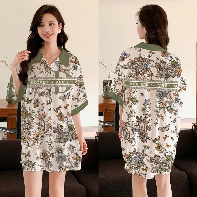 Ropa de Dormir Cómoda de Verano para Mujer Botones Delanteros Seda de Hielo Ropa para el Hogar Suelta Casual Estampada para Descansar