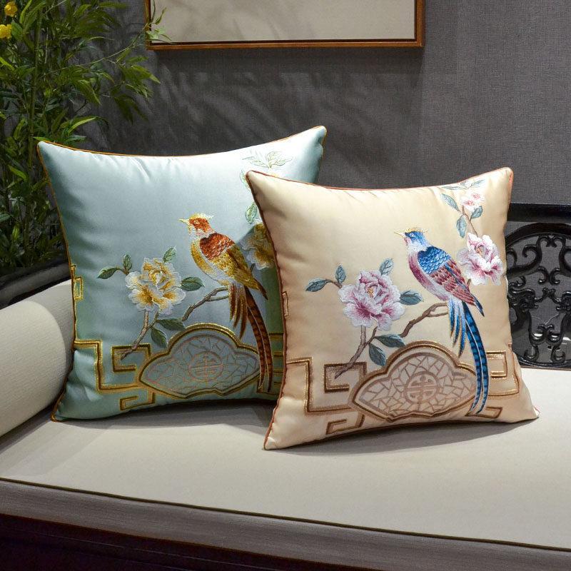 New Chinese-style Throw Pillows with Bird and Flower Embroidery Redwood Sofa Cushion Cover Large Cushion for Living Room Bed