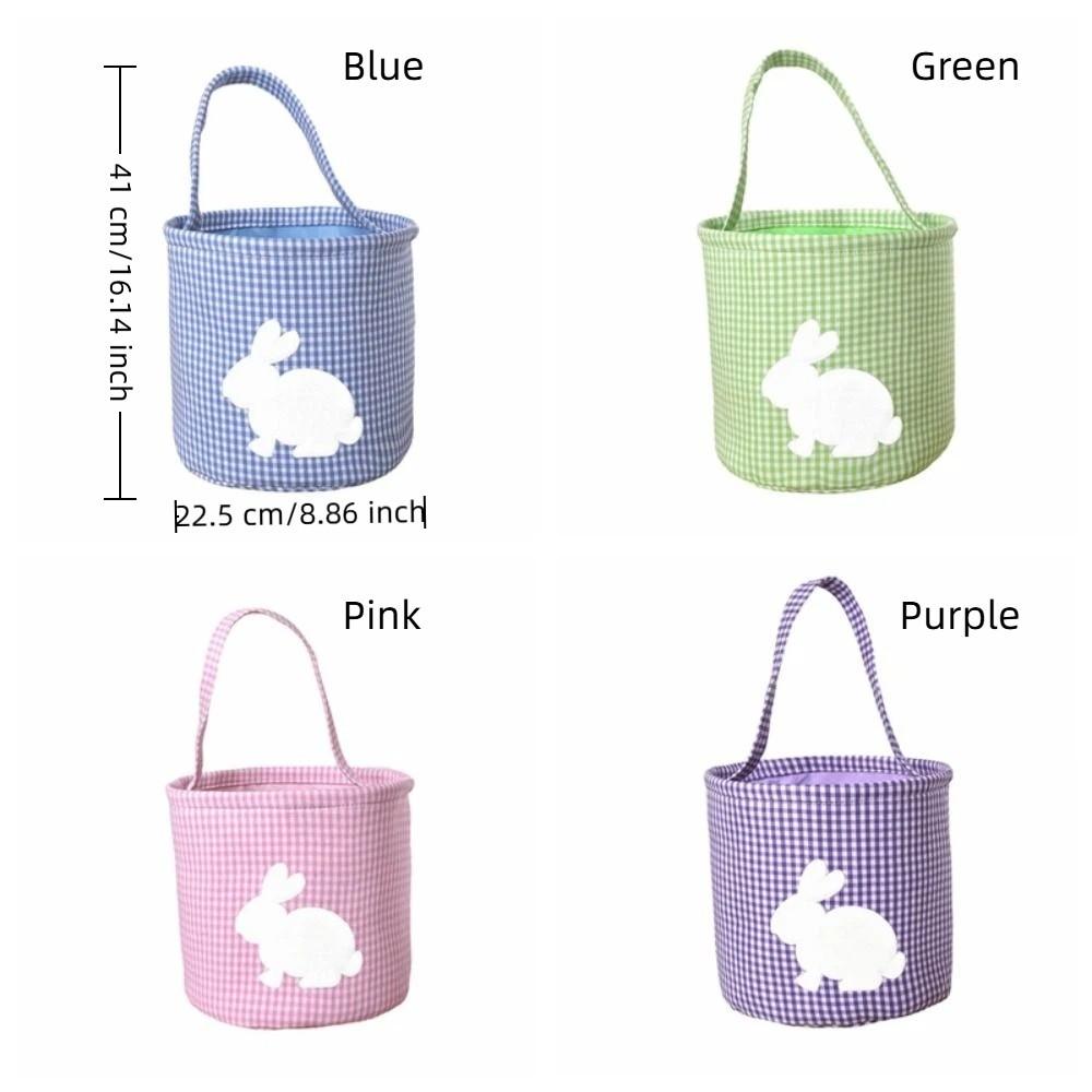 Reusable Embroidery Easter Rabbit Basket Cloth Plaid Easter Egg Hunt Basket Tote Style Decorative Storage Bag School Event
