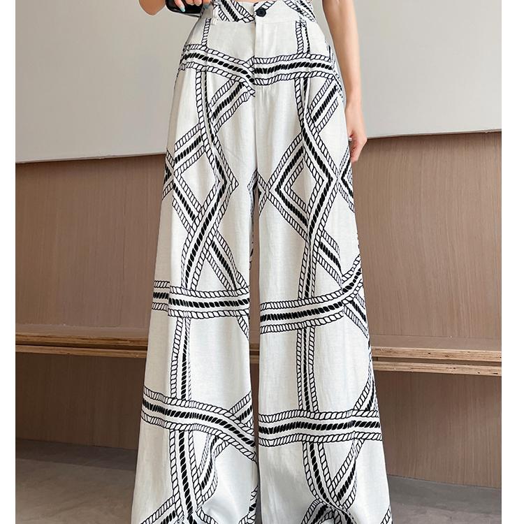 Summer Women Print Chain Cotton And Linen Thin High Waist Wide Leg Pant Trouser With Pocket For Girl