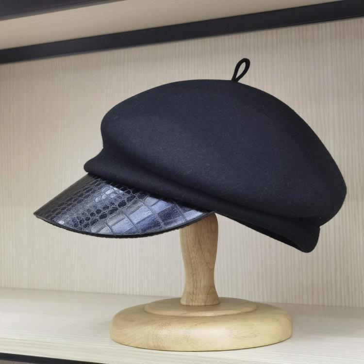 

Осень и зима крокодиловый узор ПУ вместе с шерстяной шерстяной конной шляпой кепка для повседневной носки ретро диагональная голова модная кепка газетчика Adjustable 55-58CM чёрный