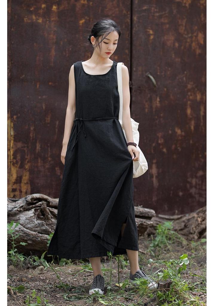 2025 Autumn/Winter Women's Cotton & Linen Ramie Tie-Up Sleeveless Dress - Long Artistic Skirt for Home & Travel