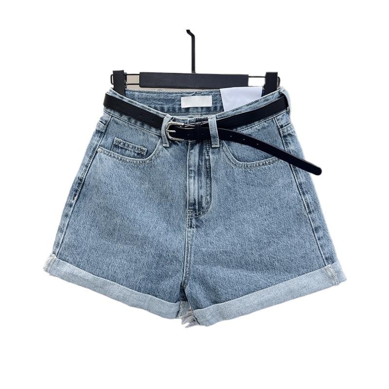Fashion Women s High Waist Denim Shorts, Casual Rolled Hem Shorts with Belt, Slimming Everyday Shorts for Daily Wear & Outings S светло-синий