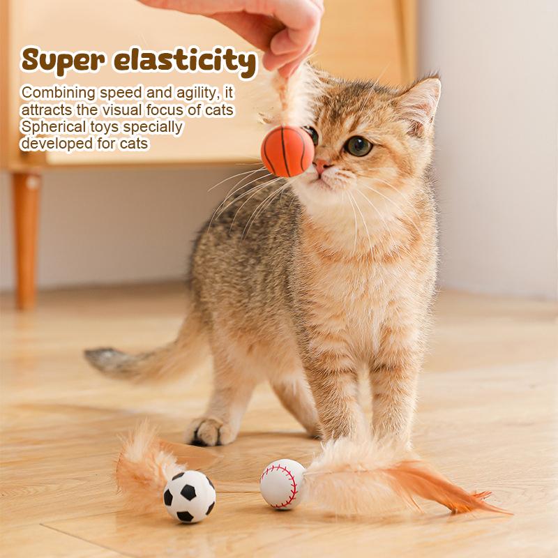 3Pcs Cat Feather Ball Toys Indoor Cats Bouncy Balls Toys Mini Basketball Football Baseball Cats Toys Pet Interactive Toys