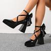 Punk Pointed Toe Thick Heels Mary Jane Shoes Women Bowknot Decor Cross Strap Platform Pumps Woman Patent Leather Party Shoes