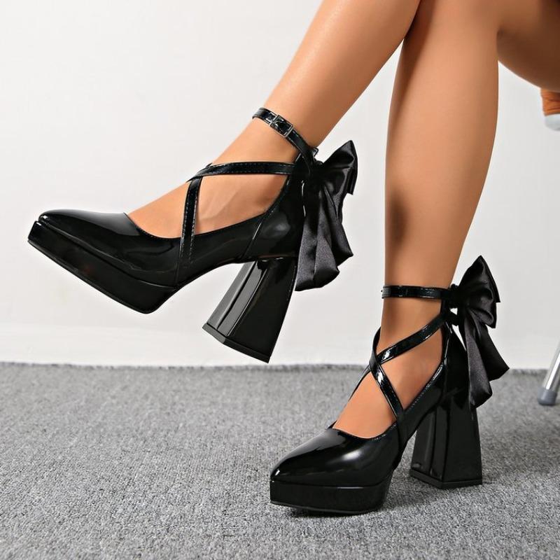 Punk Pointed Toe Thick Heels Mary Jane Shoes Women Bowknot Decor Cross Strap Platform Pumps Woman Patent Leather Party Shoes