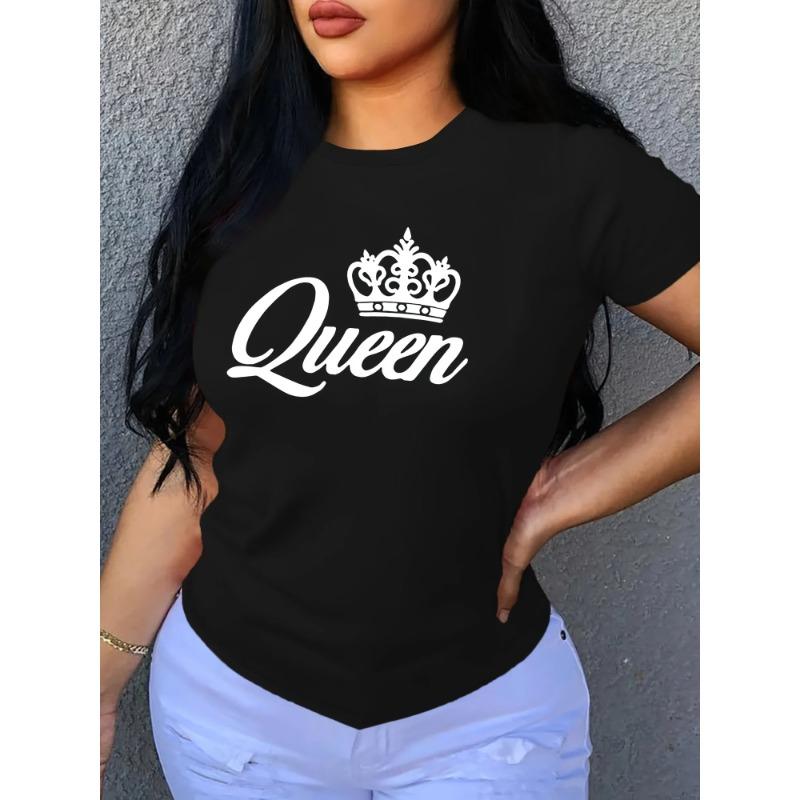 Summer Round Neck Crown Letter "Queen" Printed Top Fashionable Casual Pure Cotton Short Sleeved Women's T-shirts