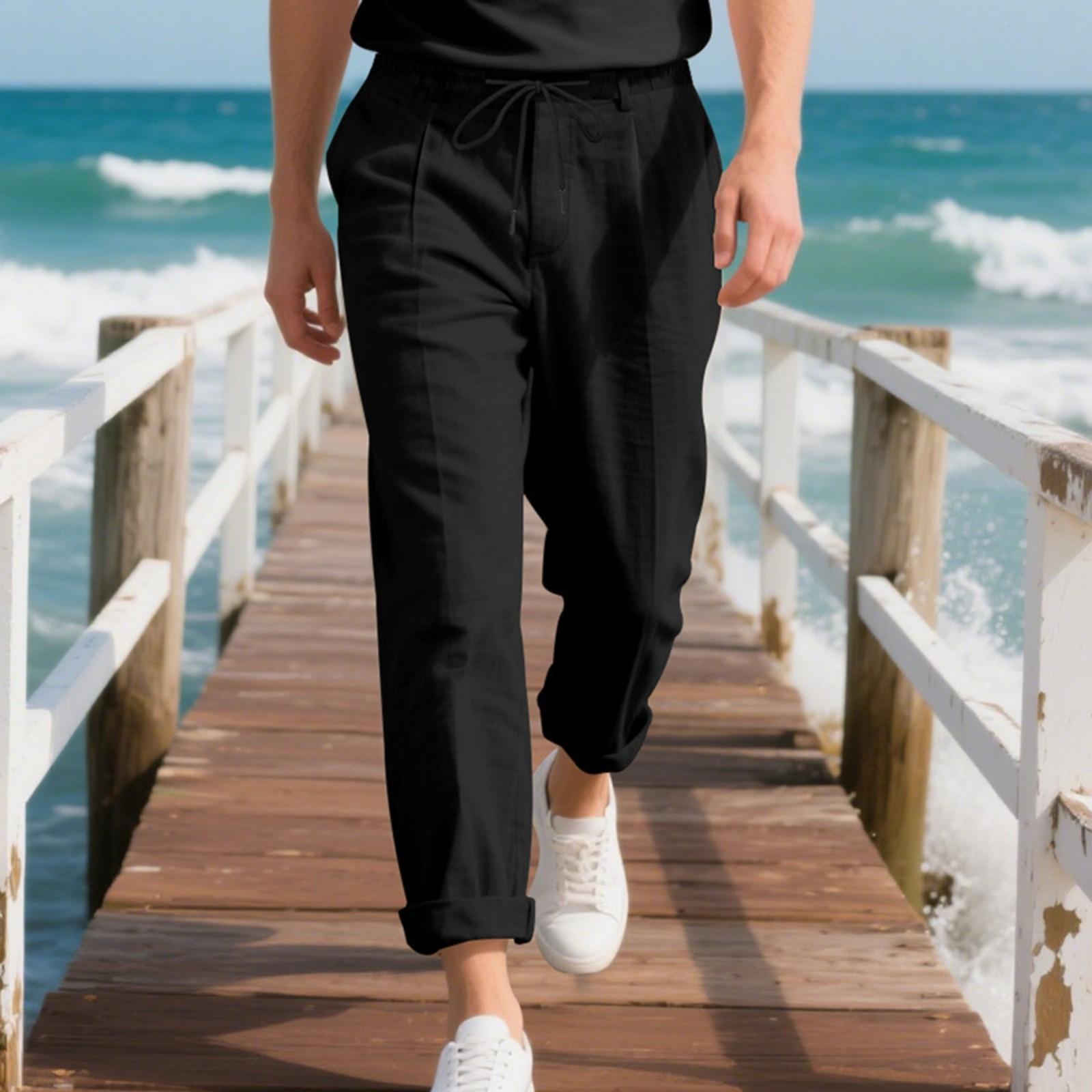

Men s Linen Long Pants With Elastic Waistband, Loose - Fitting Breathable Casual Home - Wearing And Working Pants XXL чорний