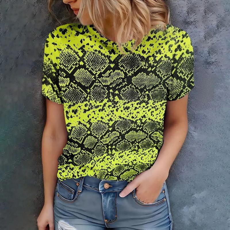 Fashion Women s Simple Short Sleeve 3D Color Printed Crew Neck T-Shirt Comfortable Short Sleeve XS