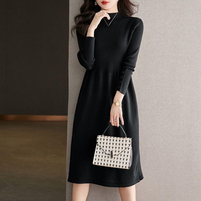 Rochie Tricotată de Toamnă și Iarnă pentru Femei Lungime Medie Rochie Pulover Culoare Solidă Pulover Tricotat cu Guler Mediu