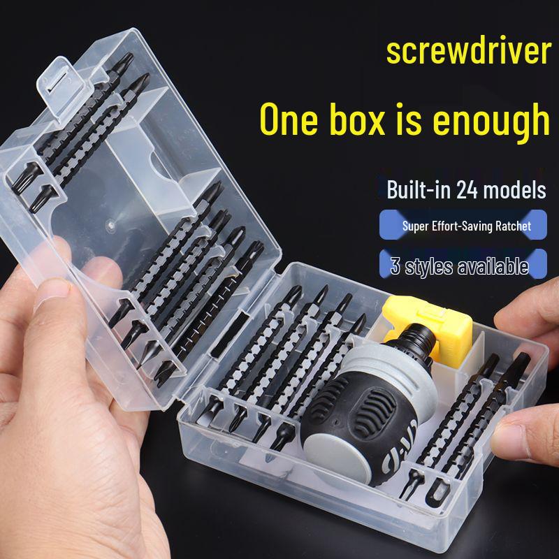 Compact Double-Headed Stubby Ratchet Screwdriver with Phillips & Slotted Bits - Telescopic, Labor-Saving, Forward/Reverse Function