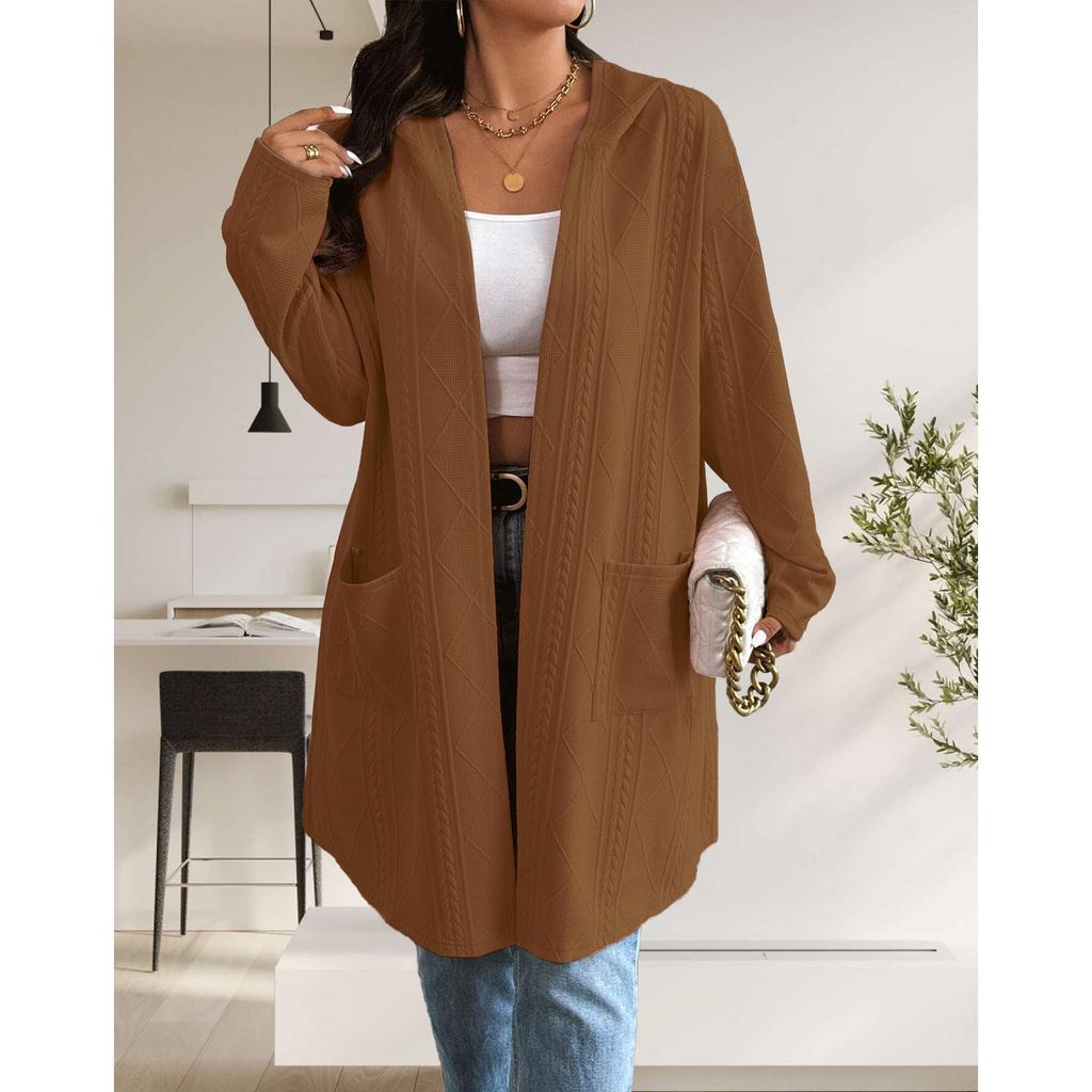 Dames Strandet Mønstret Hette Midilengde Trenchcoat Jakke Cardigan