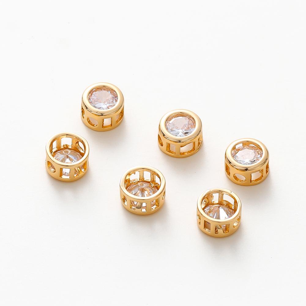 2/4/6Pcs 18K Gold Plated Rhinestone Round Beads Brass Metal Cubic Zirconia Spacer Beads DIY Jewelry Making Accessories