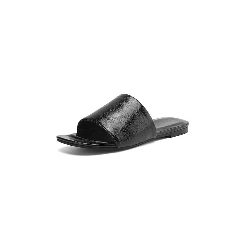 

Fashion NEW Summer Women Slippers Split Leather Shoes for Women Square Toe Low Heel Shoes Concise Slip-on Sandals Soft Outside Slippers 34 чёрный