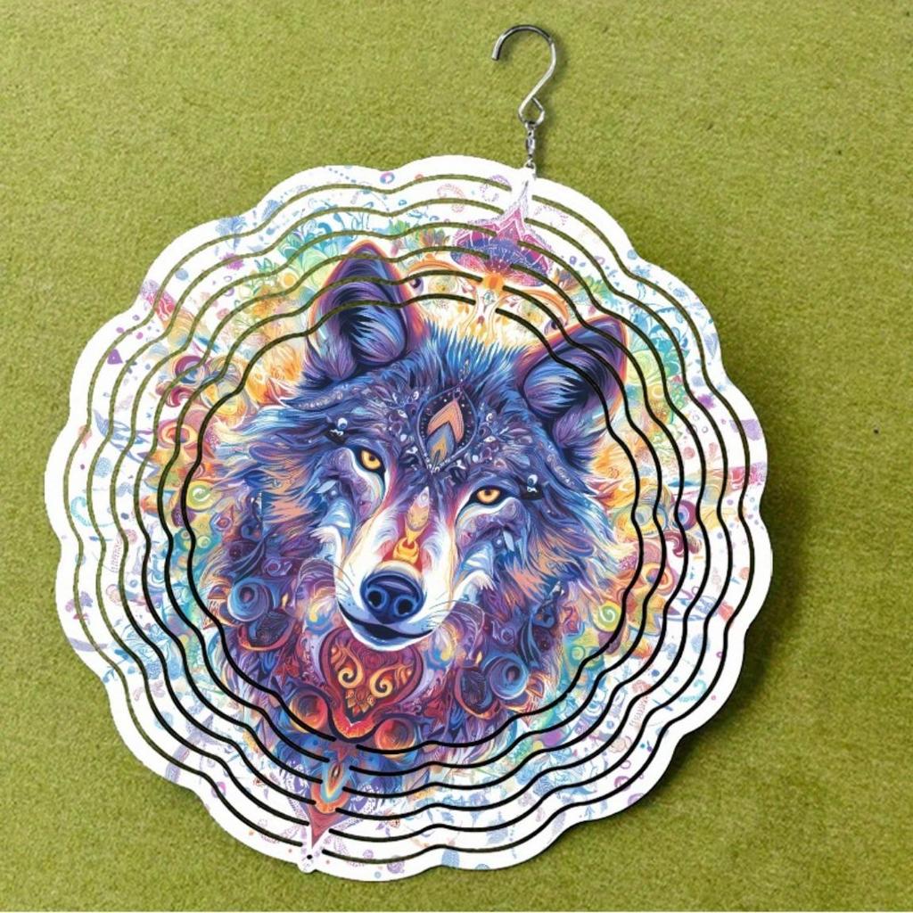 Fox Themed Metal Wind Chime 10 Inch Laser Cut Outdoor Garden Decor with Vibrant Blue Purple Artwork 360 Degree Rotation Hook Indoor