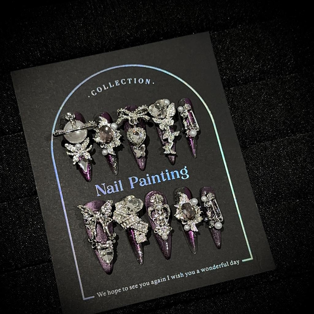 Handmade Luxury Press On Nails Long Almond French Tip Sparkly Fake Nails 3D Rhinestones Designs Acrylic Nails Reusable Stick On Nail for Women