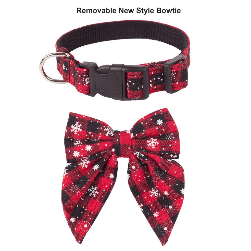 Christmas Dog Collar with Bow Adjustable Cotton Red Plaid Bowtie Dog Christmas Collars for Large Dogs Pets